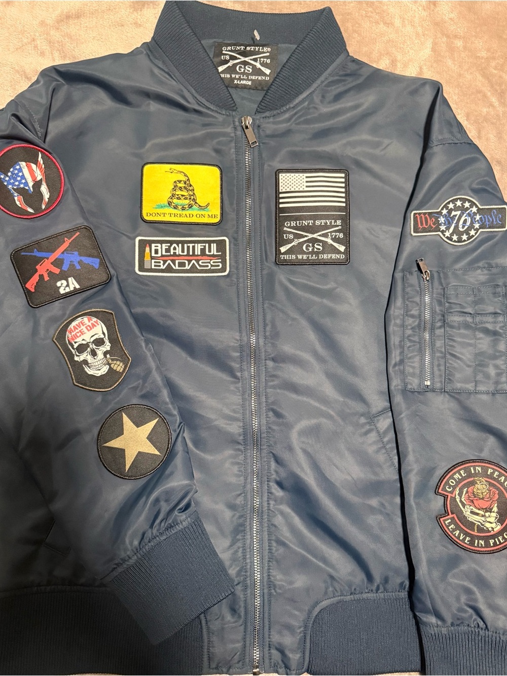 Grunt Style Navy Patch Zip Jacket with Yellow 'Don't Tread On Me' Patch #Bomber